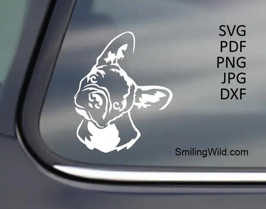 preview image of the French Bulldog Head in White svg Clipart applied to a dark item, demonstrating dogs head graphic of high contrast for laser engraving or vinyl decals.