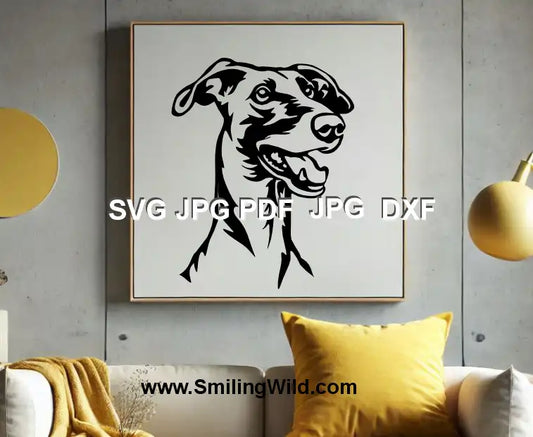 Galgo Español DXF dog head – black vector design for Silhouette and xTool laser cutting - sample image with a galgo on poster