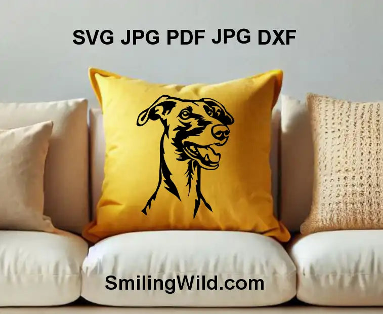 Smiling Galgo PNG head illustration – black dog clipart for crafts and logos shown in sample image with embroidered pillow