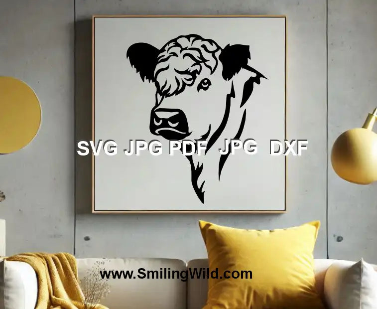 White Galloway cow DXF head – rustic cattle clipart for Silhouette and xTool engraving machines