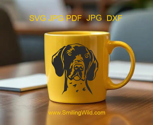 German Shorthaired Pointer full body black SVG cut file – vector dog graphic for Cricut, laser cutting, and crafts is printed on a yellow coffy mug