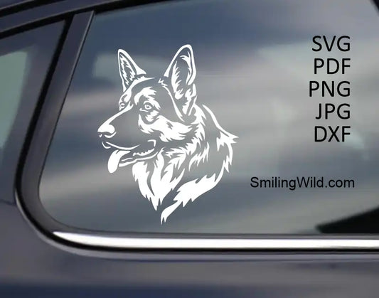 German Shepherd white head DXF PNG cutting file for Silhouette crafts and vinyl decals put on a mocup with a black car window