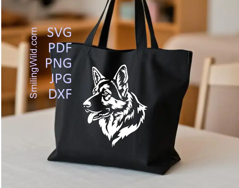 A tote bag design of German Shepherd portrait white profile DXF PNG clipart cutting file for Silhouette crafts and vinyl decals