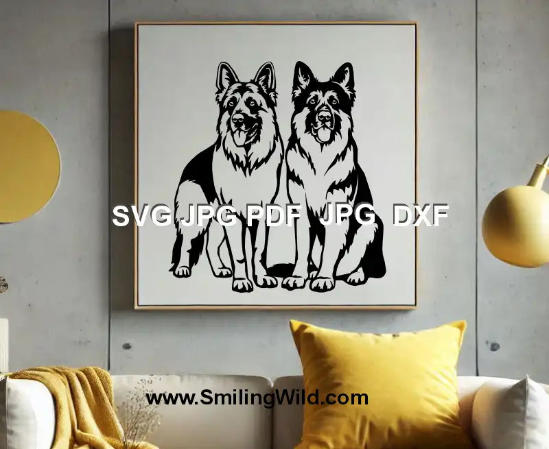 DXF file with realistic German Shepherd duo for cutting machines shown as wall poster