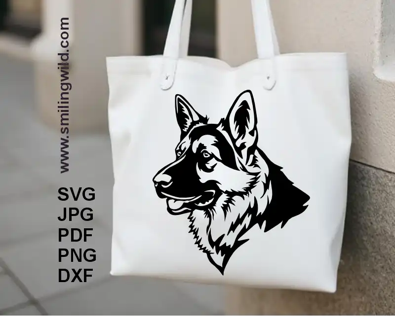 A tote bag with an illustration of German Shepherd vector file DXF SVG for Cricut laser cuttable graphic design