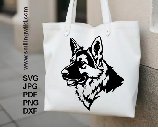 A tote bag with an illustration of German Shepherd vector file DXF SVG for Cricut laser cuttable graphic design
