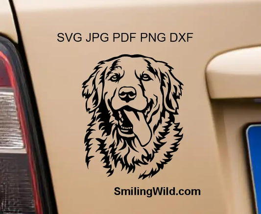 Golden Retriever Smiling Dog Face applied to a car as a sticker, emphasizing the detail and friendly expression of the vector graphic.