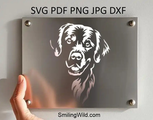 a metal plate with engraved White Golden Retriever peeking corner SVG – dog vector clipart for Cricut and laser crafts