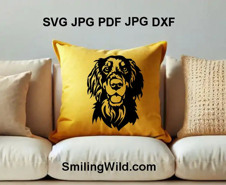 Gordon Setter PNG dog head – black vector design for Cricut, laser cutting, and crafts - sample image shoving this product on a pillow.