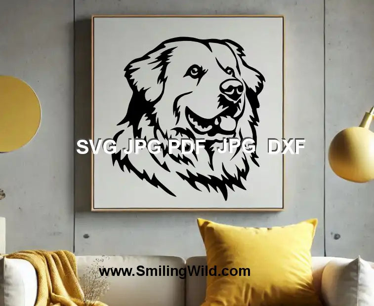 Black line clipart DXF file of Great Pyrenees dog portrait for Glowforge and Silhouette cutting in a preview image of wall art.