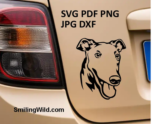 a car with a sticker of Greyhound dog head digital vector file in SVG format for cuttable crafting and engraving designs