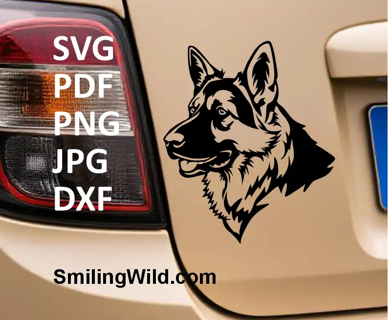 a car decal with GSD dog side face clipart in PNG DXF for laser cut and graphic crafting