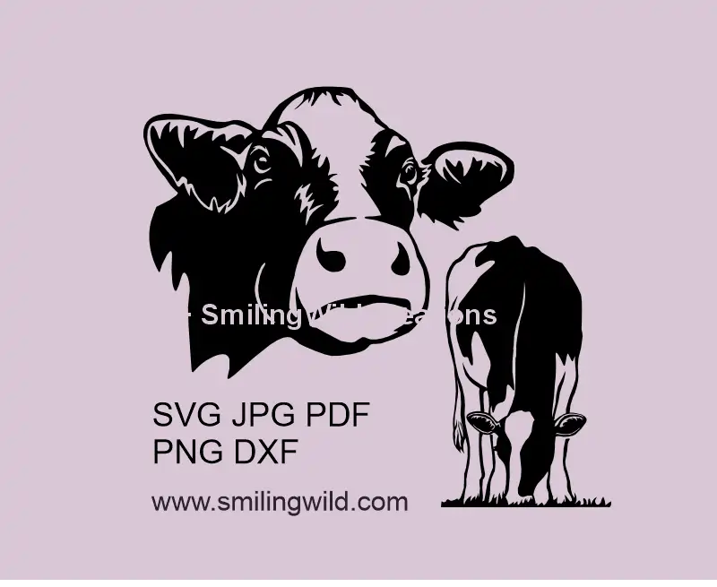 Black vector Holstein cow SVG, PNG & DXF full body and a head clipart for Cricut, laser cutting, and crafting projects