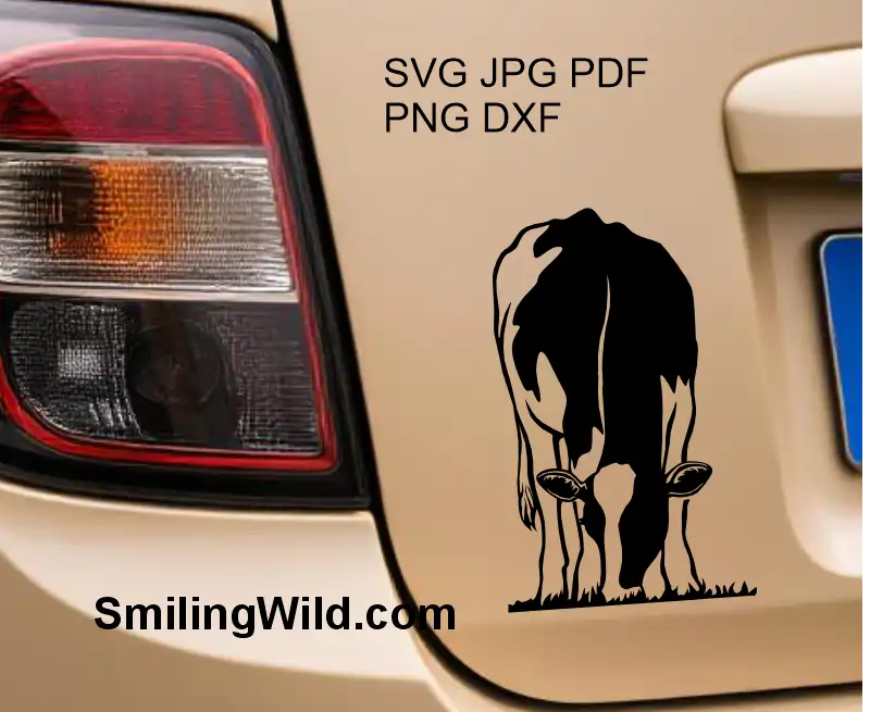 Detailed black vector graphic of Holstein cow portrait, digital clipart for cutting, engraving, and creative projects. Image is featured as a car sticker
