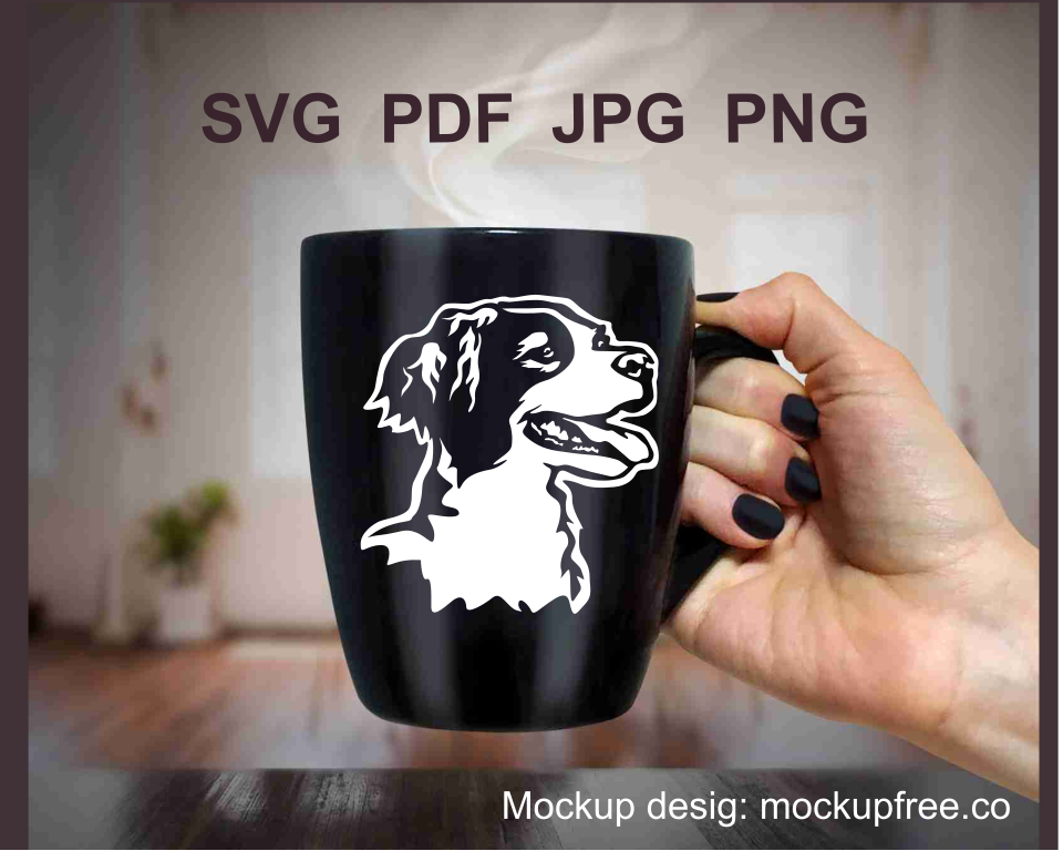 hunting dog white design on a black mug, brittany spaniel face