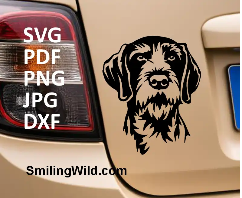 a car sticker made of Hunting dog Wirehaired Pointer head SVG DXF PNG – cut file for engraving and vinyl design machines