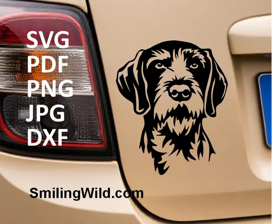 a car sticker made of Hunting dog Wirehaired Pointer head SVG DXF PNG – cut file for engraving and vinyl design machines