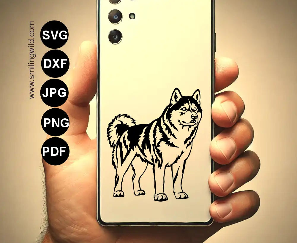 a husky phone case design shown to present a full body, standing alert husky png and dxf files for sticker making