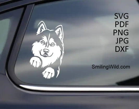 This preview image shows how the White peeking Husky dog face clipart can be used as car decal. This file cut file is made in SVG PNG DXF formats for precise laser engraving and cutting