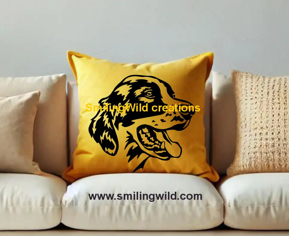 Detailed black clipart of an Irish Red and White Setter, a hunting dog breed, perfect for personalized gifts and decor