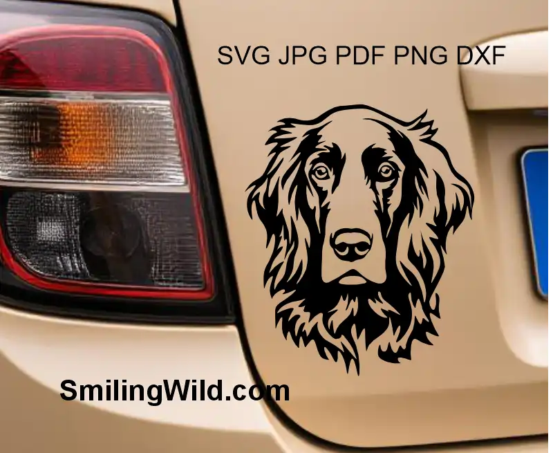 A black car decal of Irish Setter dog SVG PNG DXF face clipart vector file for Cricut crafts and laser cutting design