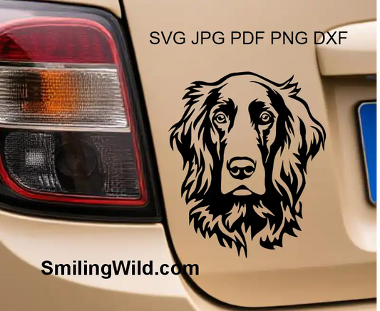A black car decal of Irish Setter dog SVG PNG DXF face clipart vector file for Cricut crafts and laser cutting design