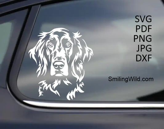 A car design sticker presenting a Cuttable frontal white Irish Setter dog vector graphic for Cricut projects, and laser engraving
