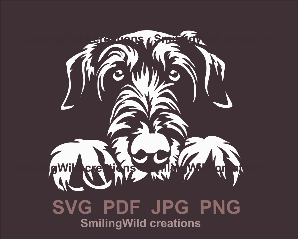 Lying irish wolfhound svg clip art shows a white design of dog peeking face