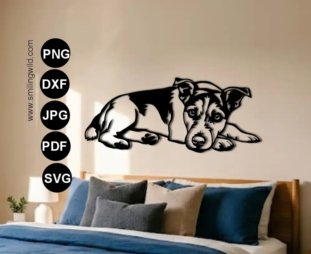 Single piece Jack Russell terrier dxf cnc and laser template visualized as a metal wall art cutout of a lying dog