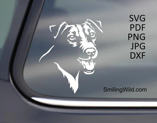 Jack Russell Terrier preview image in white SVG, PNG and DXF cut files showing a smiling face of his hunting dog breed.
