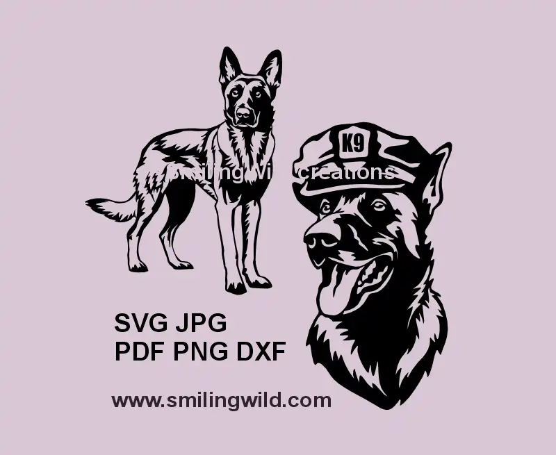 K9 Malinois SVG, PNG, DXF black clipart, Belgian Shepherd K9 police dog head with cap and a full body dog preview for Cricut, laser cutting, K9 rustic crafts