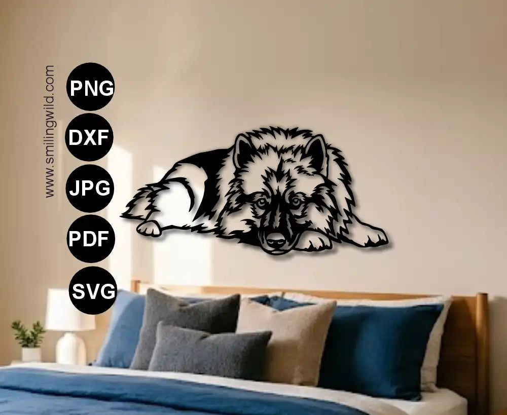 A single piece keeshond dxf cut file presented as a metal wall art decor.