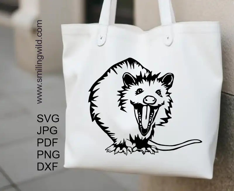 Laughing opossum graphic cuttable SVG PNG design for vinyl cutting and print crafts ona white tote bag ironed on as a decal