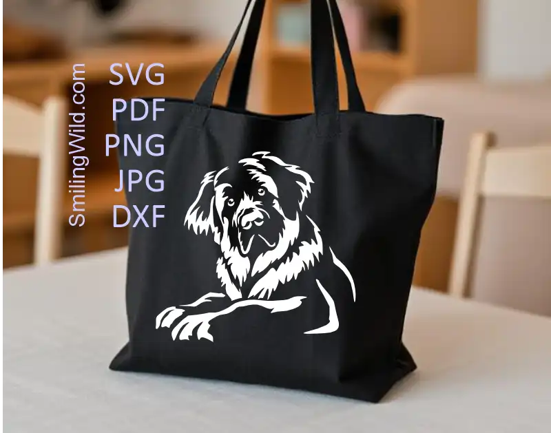 A tote bag decal presenting the Leonberger lying dog in white color digital vector graphic for cutting and engraving