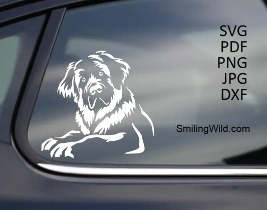 A white car sticker showcasing Leonberger dog lying in SVG clipart design for Cricut, laser cutting, and craft projects