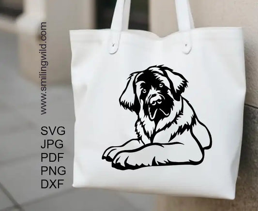 A tote bag with application of a Full-body Curious Leonberger dog vector graphic cut file in popular formats for digital design and craft projects