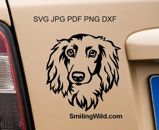Long haired dachschund car sticker used as a preview image for dog breed vector graphic clipart in svg png and dxf file formats