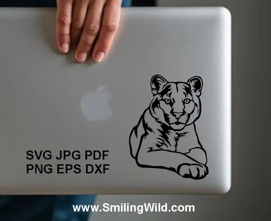 Realistic Puma vector clipart diplayed on laptop cover as a decal, ideal for Cricut, laser cutting, and engraving projects. Available in SVG, PNG, and DXF formats for professional-quality results