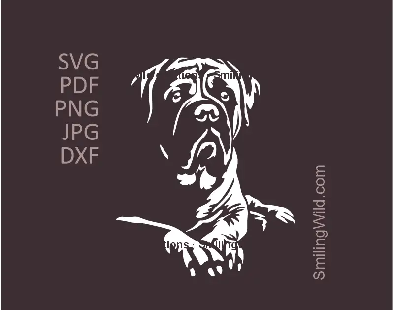 White Bullmastiff dog clipart in lying position, pedigree digital design for SVG, png, DXF cut file or laser crafting