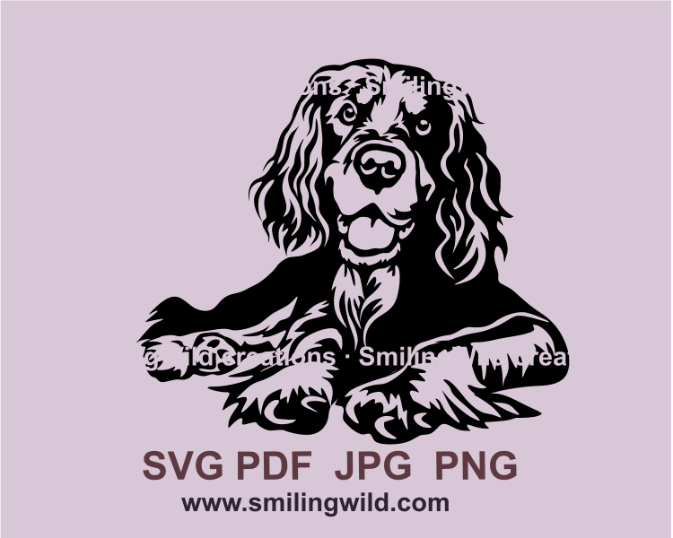 a lying gordon setter with a smiling face in a black graphic svg art