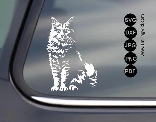 Sitting Maine Coon cat png and dxf white vector cut file preview on dark background for Cricut and laser
