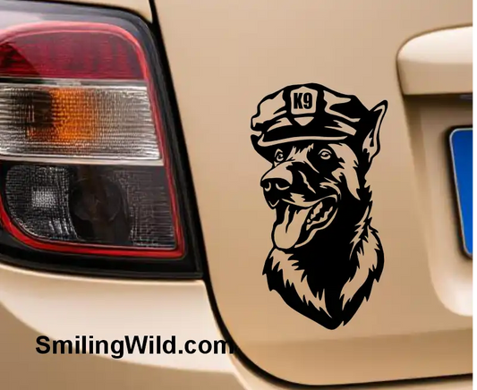 Car with a K9 malinois dog with a police cap vinyl decal made of svg clipart on the side