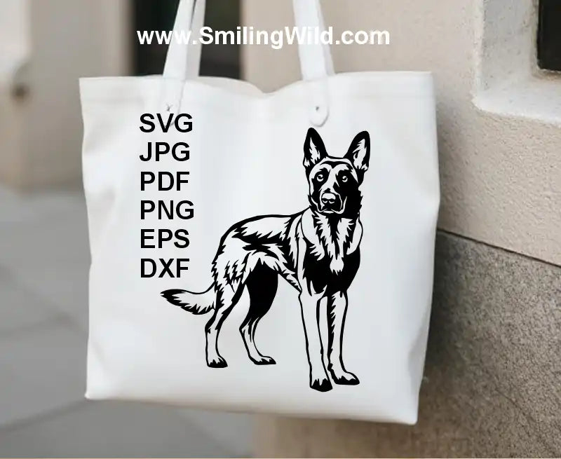 standing full body K9 Malinois Dog PNG, DXF black clipart shown on a mockup for tote bag designs, Cricut, laser cutting, K9 rustic crafts
