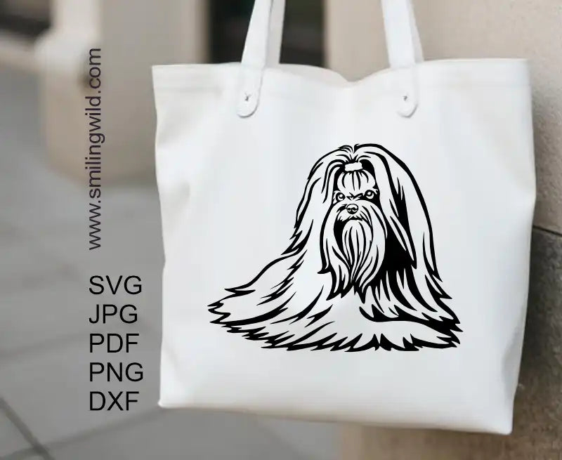 Maltese full length dog graphic PNG DXF cuttable vector for vinyl decals and craft designs displayed on a tote bag for preview needs.