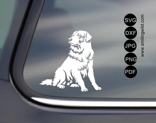 Maremma Sheepdog SVG dog white vector cut file portrayed as a bright white vinyl decal applied on the rear window of a dark car.