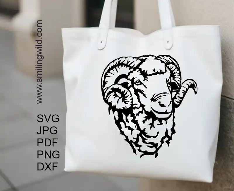 a tote bag with Merino Ram head application in SVG PNG DXF vector design, perfect for rustic farm animal laser cutting and engraving portraits