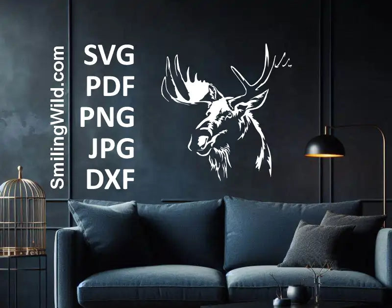 White PNG Moose clipart for Cricut vinyl and Glowforge projects shown as a white wall decal