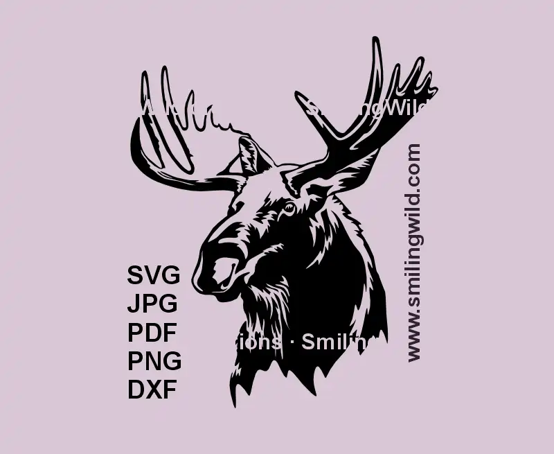 Moose head vector clipart SVG, PNG, DXF for laser cutting in black color, featuring elk antlers of this woodland design