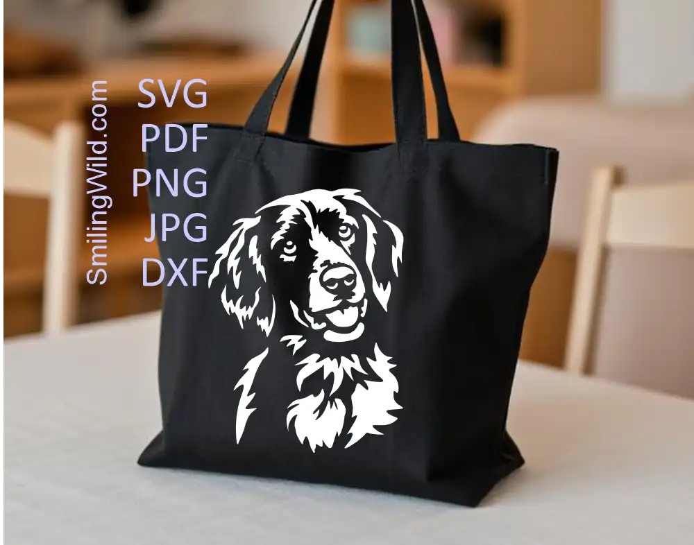 a white laser and cnc dxf cutting file of a laserge munsterlander dog shown on a tote bag as a preview image.
