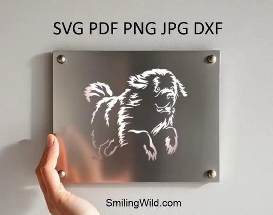Metal sign with dog illustration featuring a running Newfoundland svg png and dxf clipart.